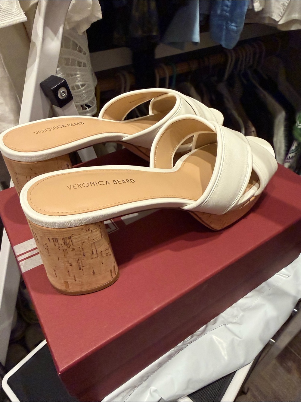 Veronica Beard White Leather Cork Block Heel Slides